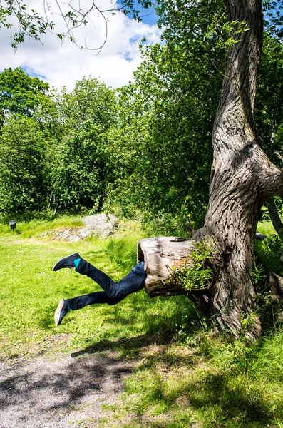 Junger Mann sieht aus, als würde er im Park von einem großen Baum gefressen — Stockfoto