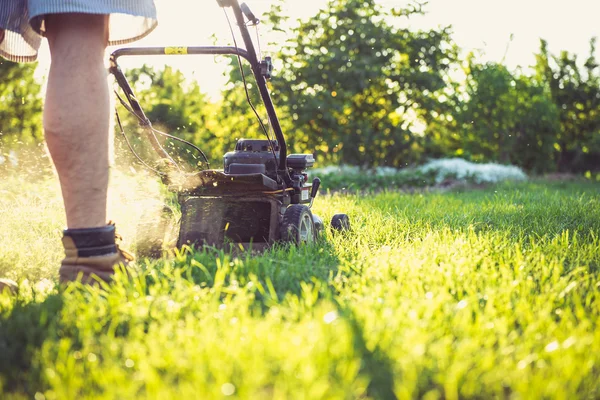 Young man mowing the grass — Stock Photo, Image