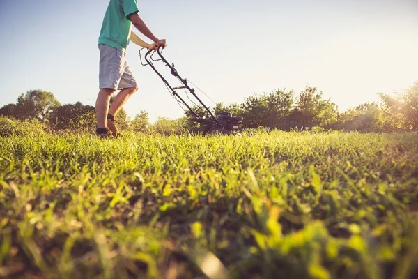 Jonge man het gras maaien — Stockfoto