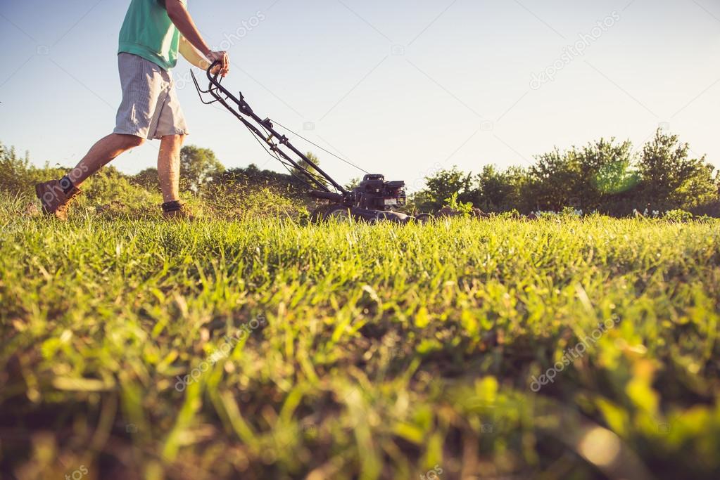 Young man mowing the grass