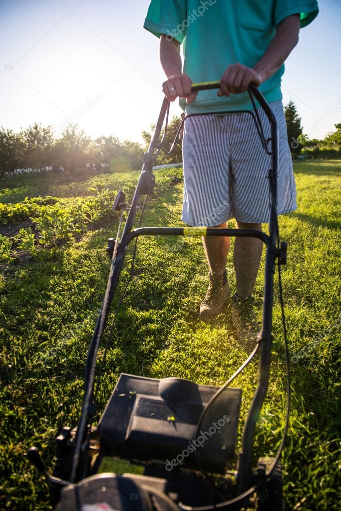 Young man mowing the grass