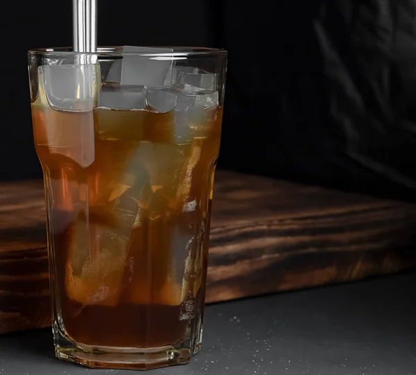 Coffee Ice Cubes Bubbles Tall Transparent Glass Straws Black Background — 图库照片