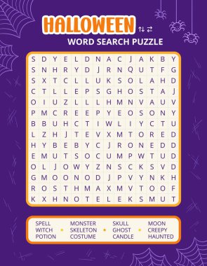 Örümcek ağlı koyu mor arka plan çalışma kağıdında Cadılar Bayramı kelime bulmaca oyunu. Sonbahar hayalet sezonu için aile aktivitesi. Çocuklar ve yetişkinler için eğitici bir oyun, İngilizce kelime bilgisi