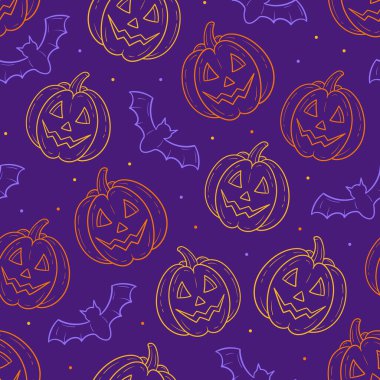 Karanlık bir arka planda cadılar bayramı pürüzsüz desen, renkli balkabakları ve yarasa desenli tasarım, ürkütücü elementler ambalaj kağıdı, Jack o fener yüzey deseni tasarımı, karanlık sonbahar Cadılar Bayramı dekoratif deseni