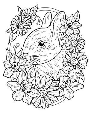 Çiçekli Paskalya Tavşanı portresi, papatya ve nergis desenli çiçek çerçevesi, Paskalya Tavşanı mevsimsel siyah-beyaz çizimi, bayram çizimi, bahar tatili oyuncu çizgileri