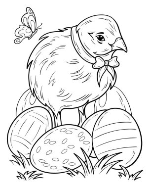 Süslü yumurtaları ve kelebek boyama sayfası olan Paskalya pilici, şirin kuşlu Paskalya sahnesi, siyah beyaz Paskalya çizimi, bayram çizimi, bahar bayramı çizimi