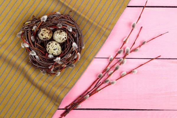 复活节的符号。用鸡蛋和柳树上的粉红色的巢。顶视图 — 图库照片