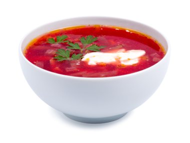 Beyaz izole beyaz bir kase sıcak borsch