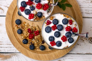 Yoğurt, müsli ve çilek, yaban mersini ve taş bramble