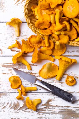 Sarı chanterelles ve ahşap bir masa üzerinde bıçak