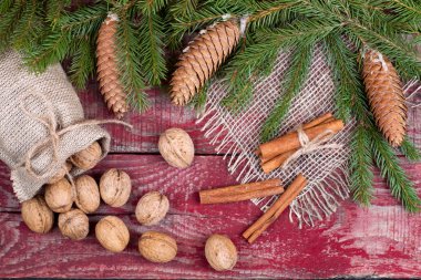 Ceviz, tarçın ve çam kozalakları