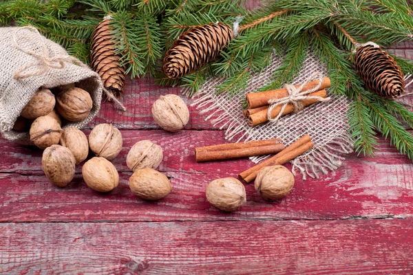 Walnuts, cinnamon and fir cones Stock Photo