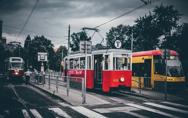 Trois Tramways Ancien Ancien Moderne Varsovie — Photo