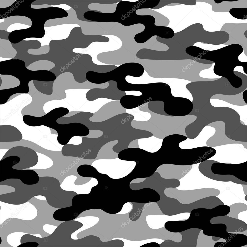 Abstract seamless military grey camo texture for print. Forest background. Vector