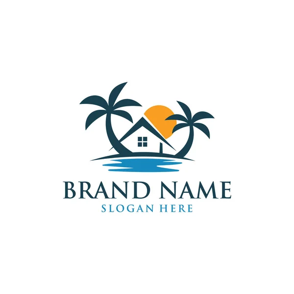 Casa Viagens Praia Sun Logo Design —  Vetores de Stock