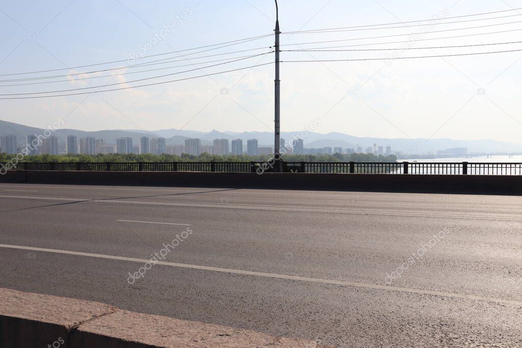 View of the Eastern Sayan from the Krasnoyarsk communal bridge.