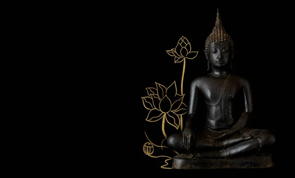 Image of antique bronze metal buddha statue with golden lotus drawing line art on right hand with black copy space. The holy sitting sculpture show peaceful and relaxation of meditating.