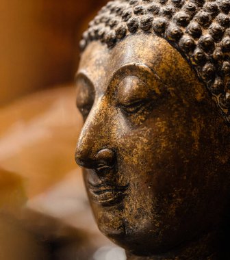 Buda yüzlü heykel. İstiridyenin, aydınlanmanın ve meditasyonun antik bir sembolü. Budizm dininin baş ve yüz heykeli, geleneksel Asya ruhani kültürünü gösteriyor. Portre heykel biçimi.