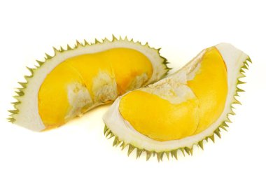 İzole edilmiş beyaz arka planda taze Durian posası. Bu Tayland meyvesi kokulu ve keskin dikenli, tadı tatlı. Keskin dikeninden dolayı, bu yüzden ona Asya 'nın ana meyve tarımının kralı diyoruz..