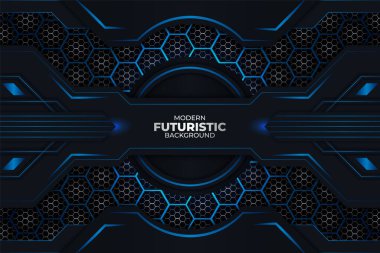 Çemberli Modern Gelecek Teknolojisi Mavi Arkaplan ve Karanlıkta Altıgen Kalıplı Parlak