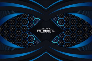 Karanlık Arkaplanda Hexagon Deseni ve Dinamik Şekliyle Modern Gerçekçi Mavi Parıltı