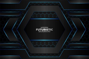 Modern Fütürist Soyut Geometrik Mavi ve Altıgen Desenli Koyu Gri