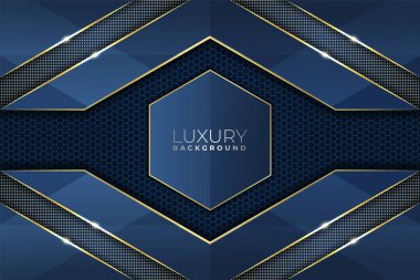 Altın Çizgi Arkaplanı ve Altıgen Desenli Modern Lüks Geometrik Şekil Mavi