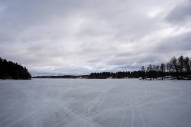 Letonya, baharda Aluksne Gölü üzerinde açık mavi gökyüzü ve koyu ağaçlarla arabaların ayak izlerini görebileceğiniz buzla kaplı..