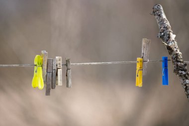 Bahçeyi genişleten ve üzerine farklı renk ve boyutlarda askılar koyan bir ipte arka plan bulanıklaşır.