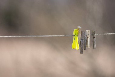Bahçeyi genişleten ve üzerine farklı renk ve boyutlarda askılar koyan bir ipte arka plan bulanıklaşır.