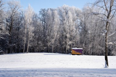 Orman ve ağaçlarla kaplı karlı bir kış günü beyaz ve ormanın yanında arıların yaşaması için büyük bir karavan duruyor.