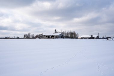 abandoned Soviet-era buildings on a snowy winter day when the sun is shining