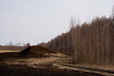Bir turba bataklığında ağaçların büyüdüğü demiryolu rayları boyunca uzanan bir turba yığını var.
