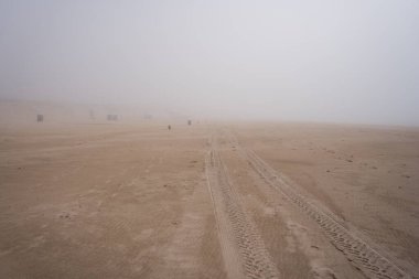 Baltic Sea beach in Ventspils covered with thick fog, garbage cans and benches in the distance
