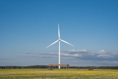 In the spring, a large rape field with a forest and blue skies behind it, there is a wind generator with a large propeller in the middle