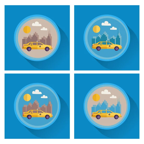 Taksi vektör kümesi. Şehir gökdelenler. Düz tasarım