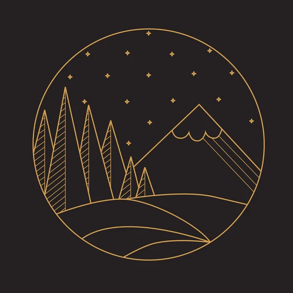Paisaje de montaña lineal plano, estrellas y wather . Ilustraciones de stock libres de derechos