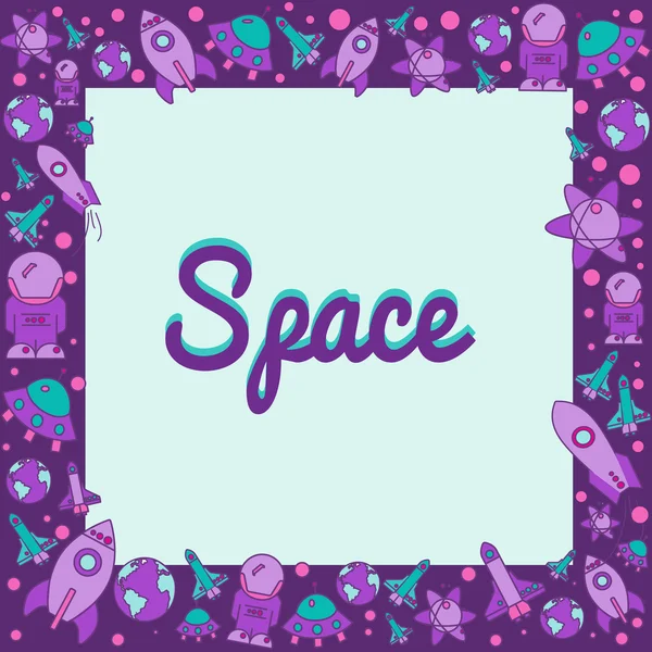 Frame with space elemants in flat style. Cosmos,planet,racket
