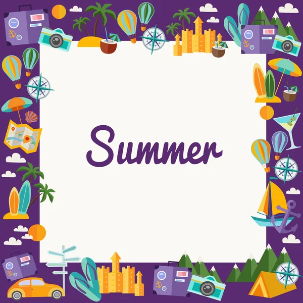 Frame with summer elemants in flat style. Palms,tent,surfing,fotocamera