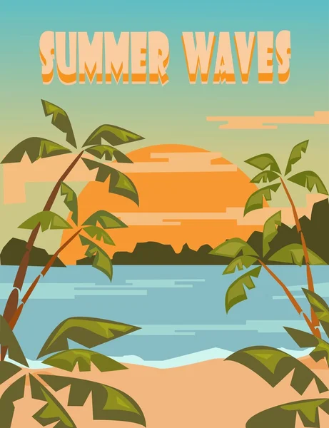 Vintage de verano, cartel retro, playa tropical, palmeras Gráficos vectoriales
