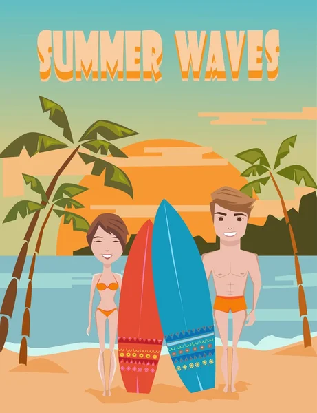 Summer Waves. Cartel retro vintage de verano. Surf Vectores de stock libres de derechos