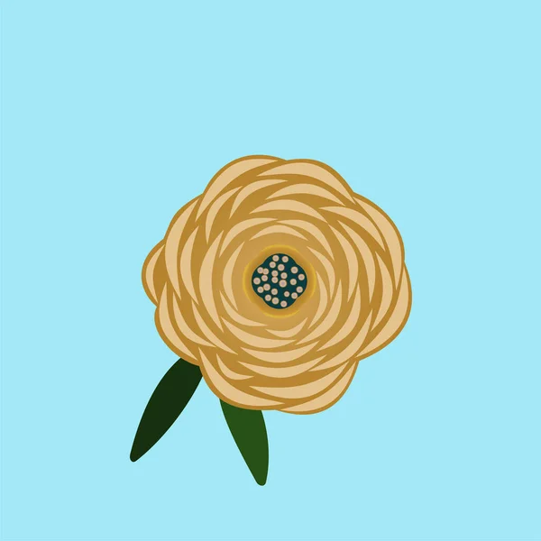 an image with an open flower of a rose or a similar flower with leaves. View from above. On a blue background.