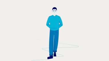 Mavi tonda basit bir vektör resmi. Düz tonda. Gözlüklü, ellerini arkasında tutan bir adamı tasvir ediyor.