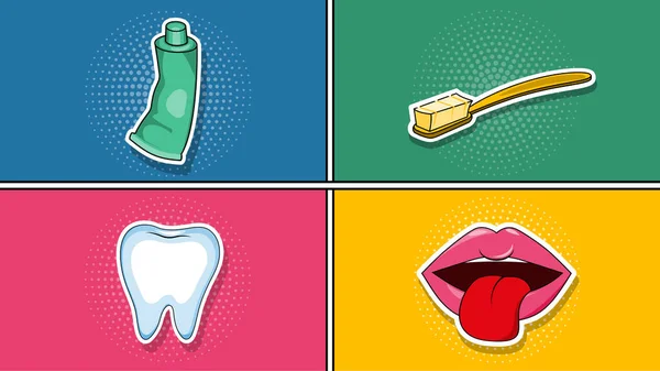Pop Art Style Sticker Illustration Images Tube Toothpaste Toothbrush Tooth — Stock Vector