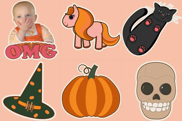 Ein Satz Herbstaufkleber Einer Warmen Herbstpalette Sticker Halloween Stil — Stockvektor