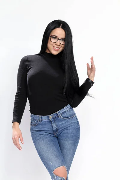 Attractive European Girl Black Hair Glasses Posing Studio Isolated Background — Stock Photo, Image