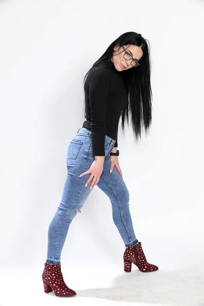 Attractive European Girl Black Hair Glasses Posing Studio Isolated Background — Stock Photo, Image