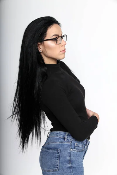 Attractive European Girl Black Hair Glasses Posing Studio Isolated Background — Stock Photo, Image
