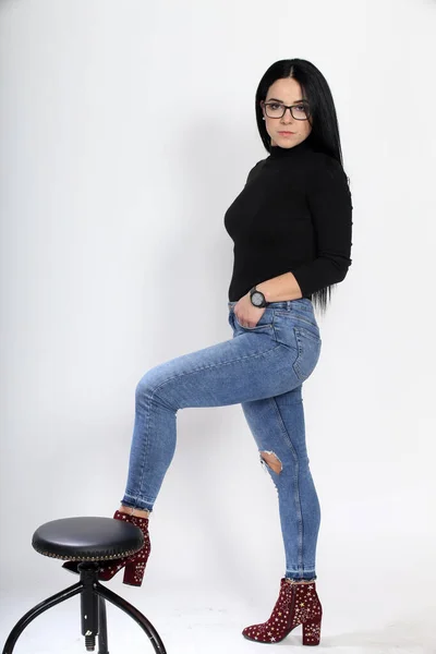 Attractive European Girl Black Hair Glasses Posing Studio Isolated Background — Stock Photo, Image