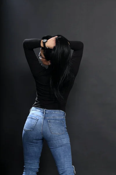 Attractive European Girl Black Hair Glasses Posing Studio Isolated Background — Stock Photo, Image